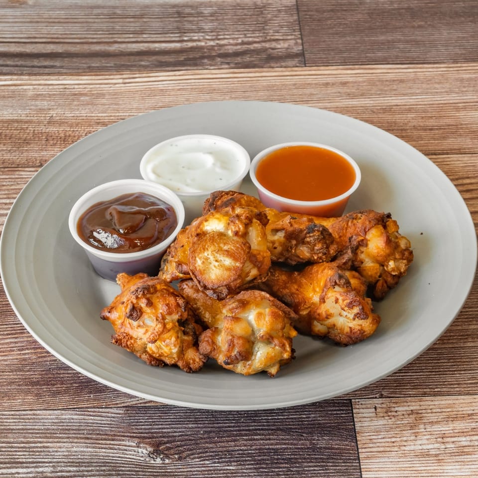 Crispy chicken wings on a grey plate with three dipping sauces: BBQ, ranch, and buffalo.