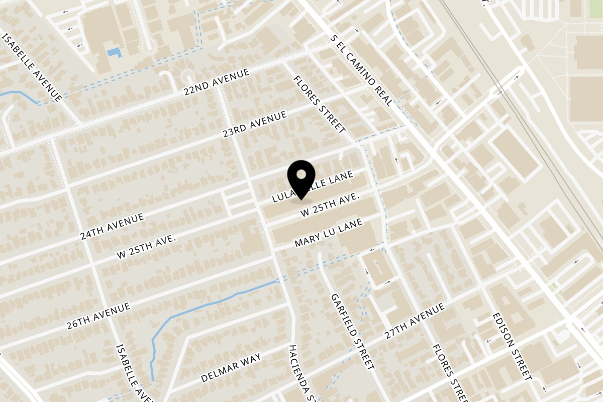 Map showing the location of Pj's Pizza Co. on 168 W 25th Ave in San Mateo